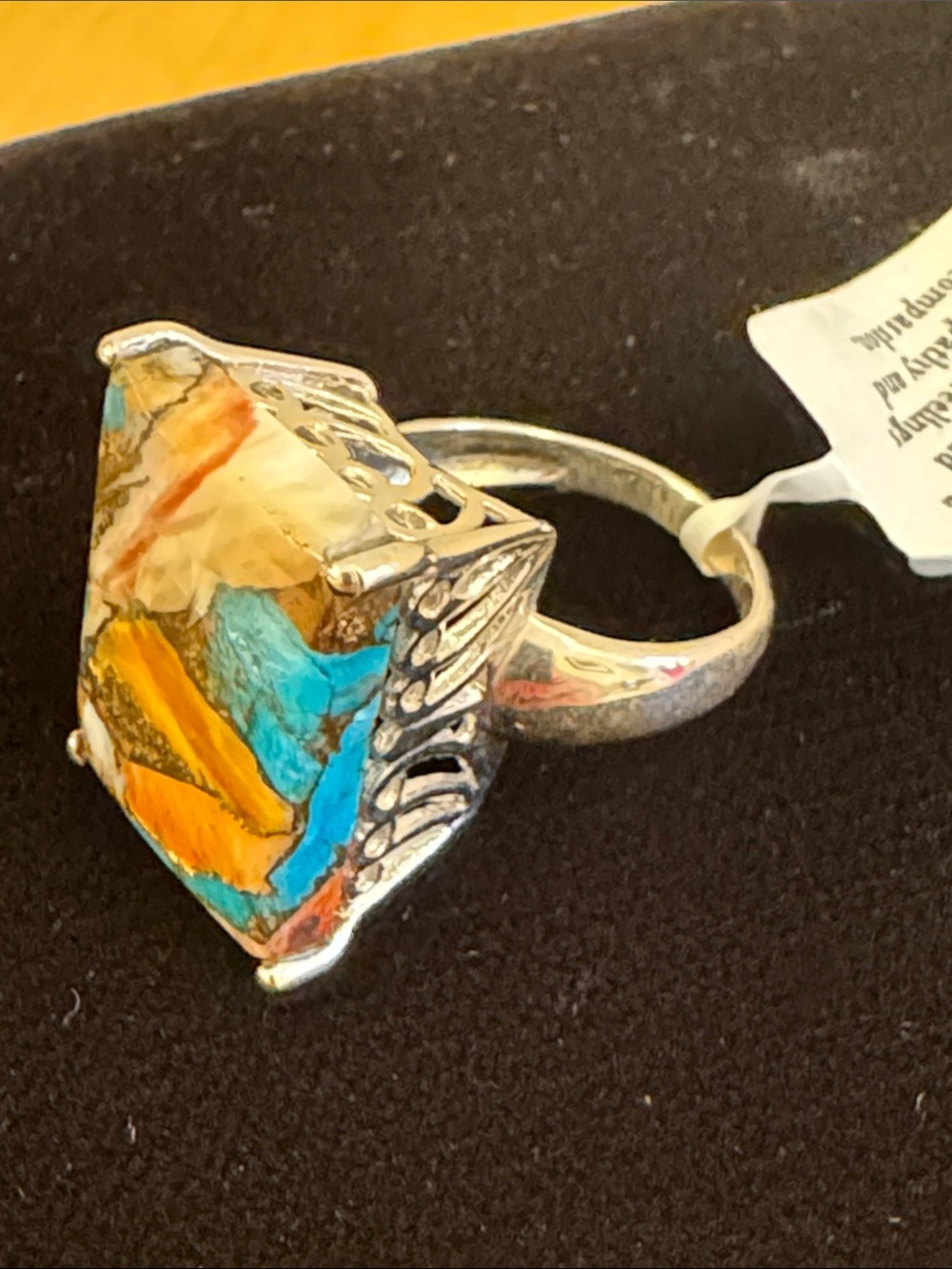 NWT India sterling turquoise spiny oyster copper composite rectangle stone ring